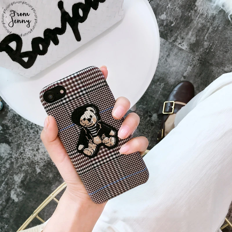 

From Jenny Grid Fabric Cartoon Case Capas for iPhone 7 7plus 6s 6plus 8 8plus X Bear Soft Cover Back Phone Bags Christmas Gifts
