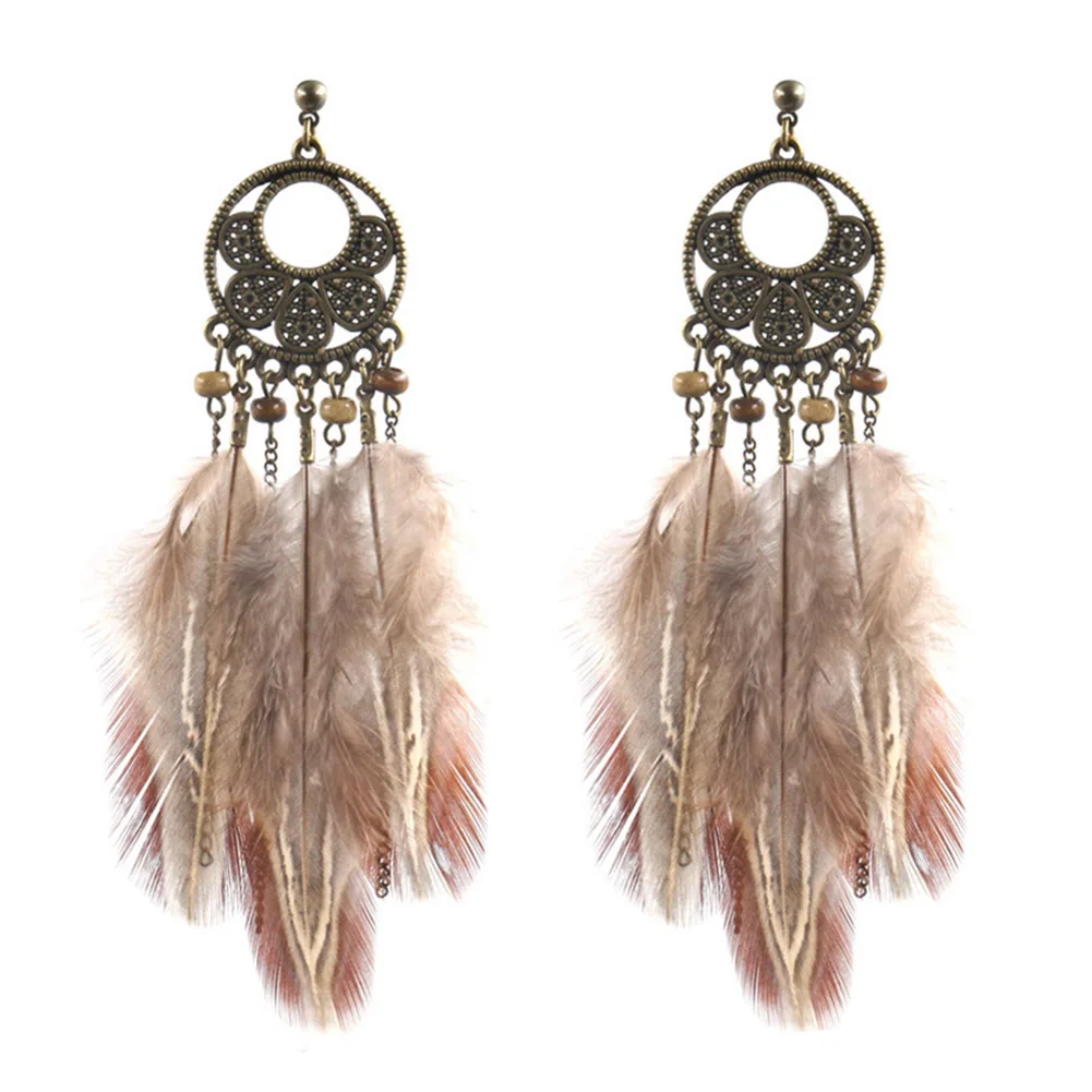 1 Pair Women Novelty Dreamcatcher Dangle Earrings Feather Tassel