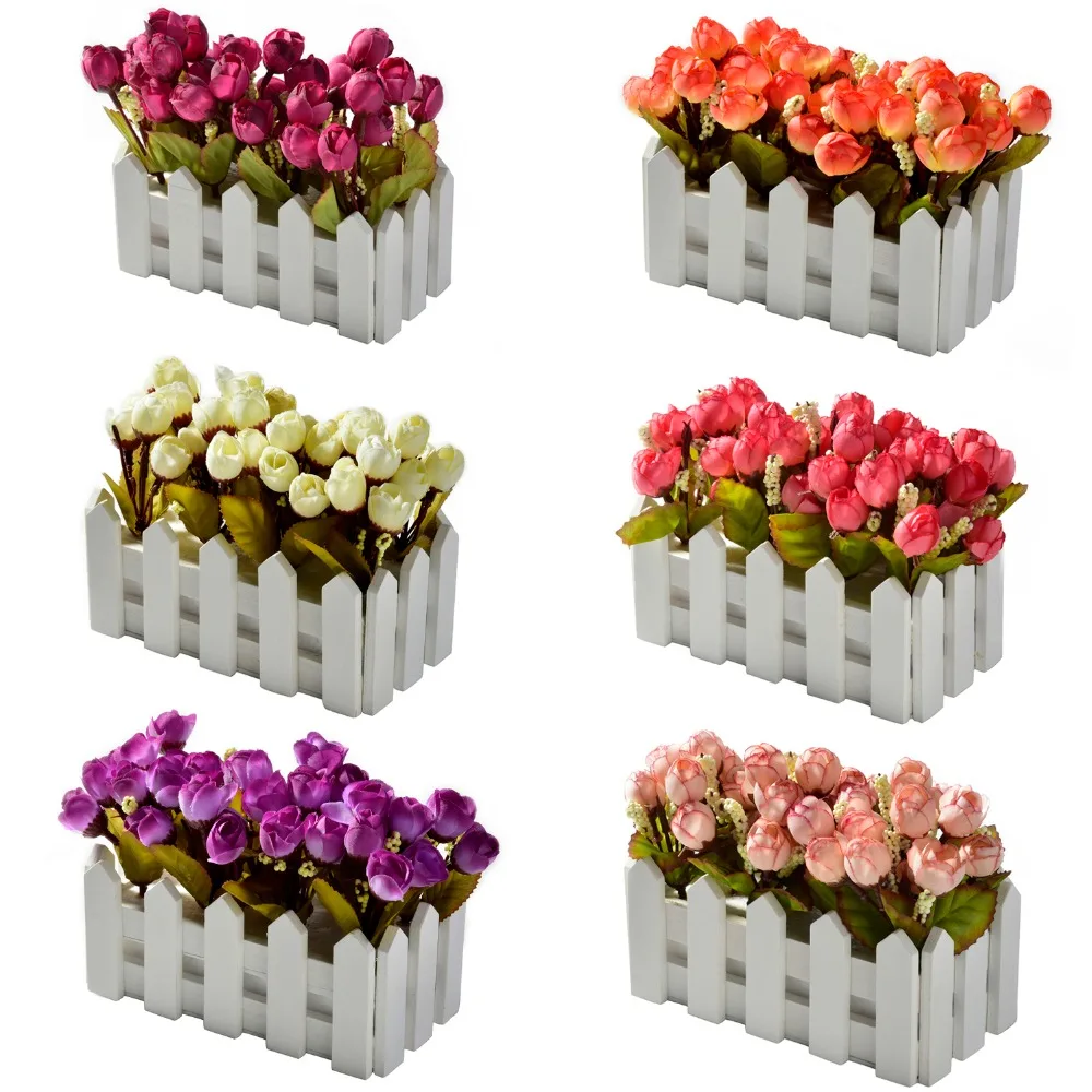 

Artificial flowers rosebud set for restaurant garden decoration flower+16cm wood fence vase bonsai farmhouse decor Fake flower