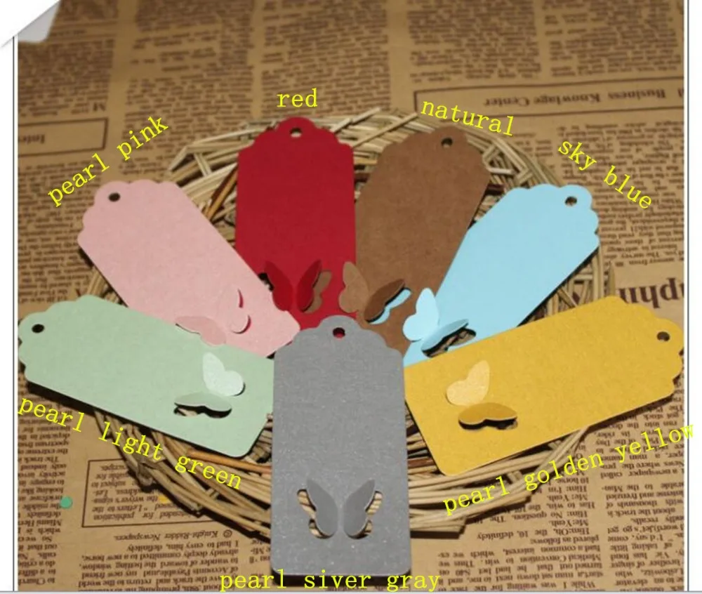 

100pcs Multi Color Choice Kraft Paper Tags 4.0X9.0 Favour Butterfly Hollow Wedding Party Gift Label+20M string can be customized