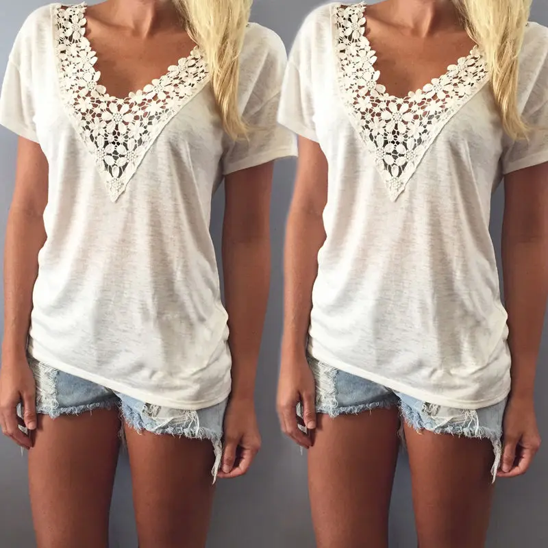 

Solid Women Summer Vest Top Short Sleeve Blouse Casual Tank Tops Lace V Neck Tee Shirt