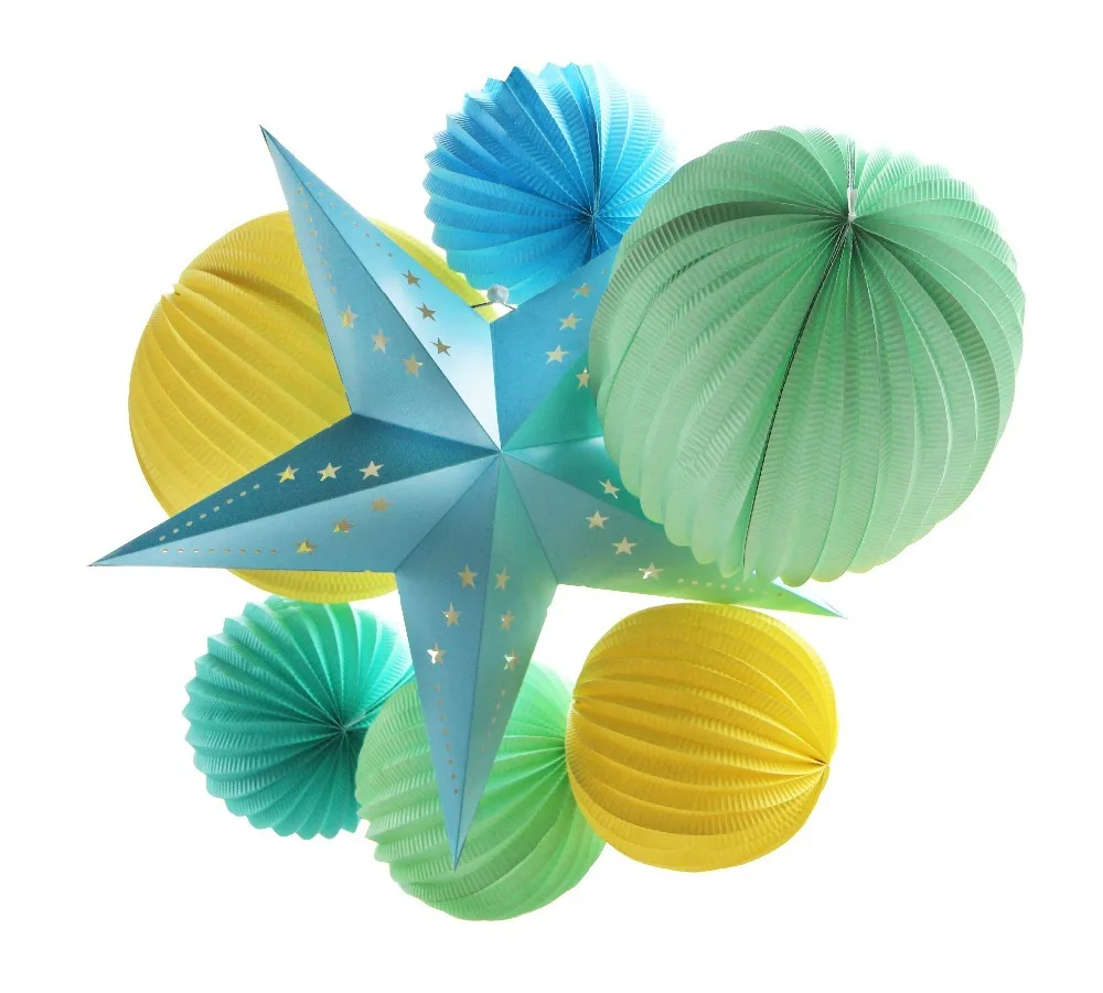 

Sunbeauty 7pcs a set Summer Party Supplies Blue Paper, Green and Yellow Paper Lantern Hawaiian Birthday Bridal Show Pool Party