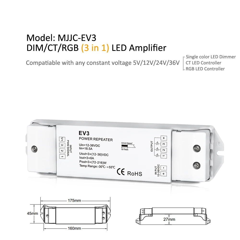 MJJC RGB LED усилитель 5V 12V 24V 36V 5A 6A 8A DC Одноцветный CT для светодиодных лент EV1 EV3 EV4