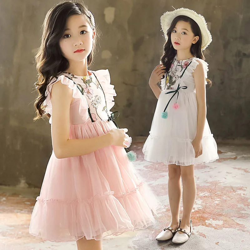 

2019 summer princess dress for baby girl costume embroidery vest dress for children mesh dress sleeveless christmas cloth
