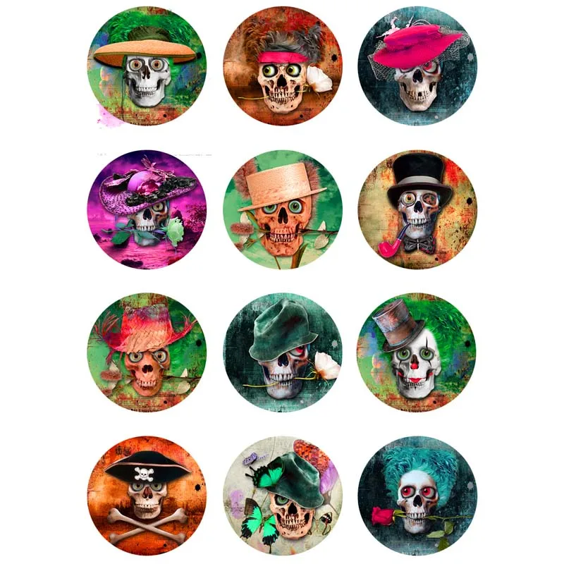 

14mm 12mm 25mm 413 12pcs/lot Skull Mix Round Glass Cabochons DIY Jewelry Findings fit 18mm Snap Button Charm Bracelet Gift