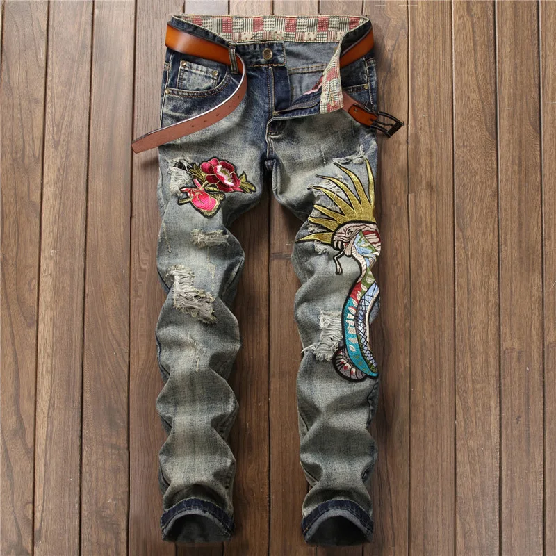 Модельер Slim Fit змея вышивка цветы джинсы мужские рваные стрейч мотоциклетные джинсы классические Лоскутная уличная