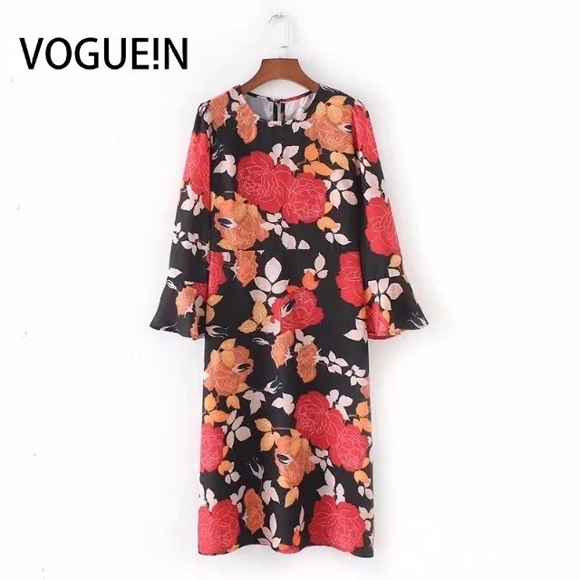 

VOGUEIN New Womens Sexy O-Neck Floral Print Long Trumpet Sleeve Mini Straight Dress Wholesale