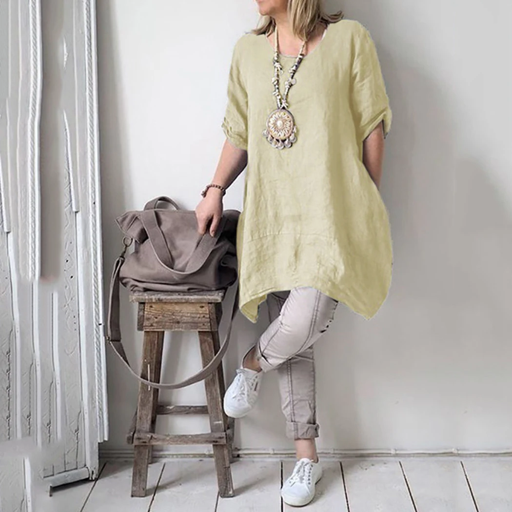 Plus Size S-5XL Women Dress 2019 Summer Cotton Linen Baggy Loose Casual Short Sleeve Irregular Boho Beach Dresses Vestidos | Женская
