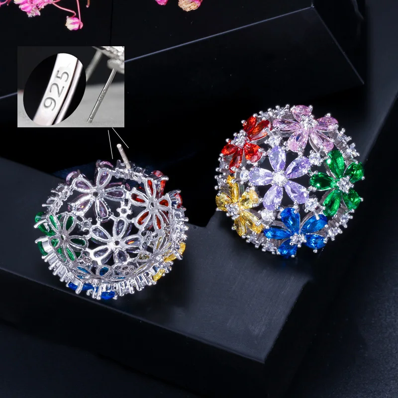 CWWZircons красивые геометрические круглые CZ циркония в форме цветка большие разноцветные Серьги женские 925 пробы серебряные ювелирные изделия CZ148