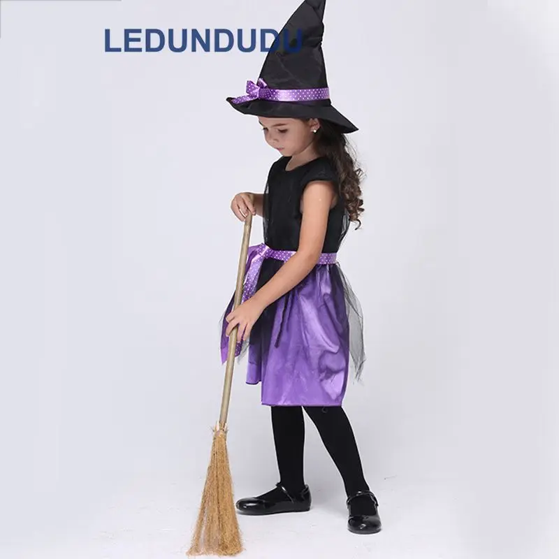 Kids Purple Witch Cosplay Costume with Hat Children Halloween Party Holiday Performance Clothes Girls Black Magic Witch Dress (7)