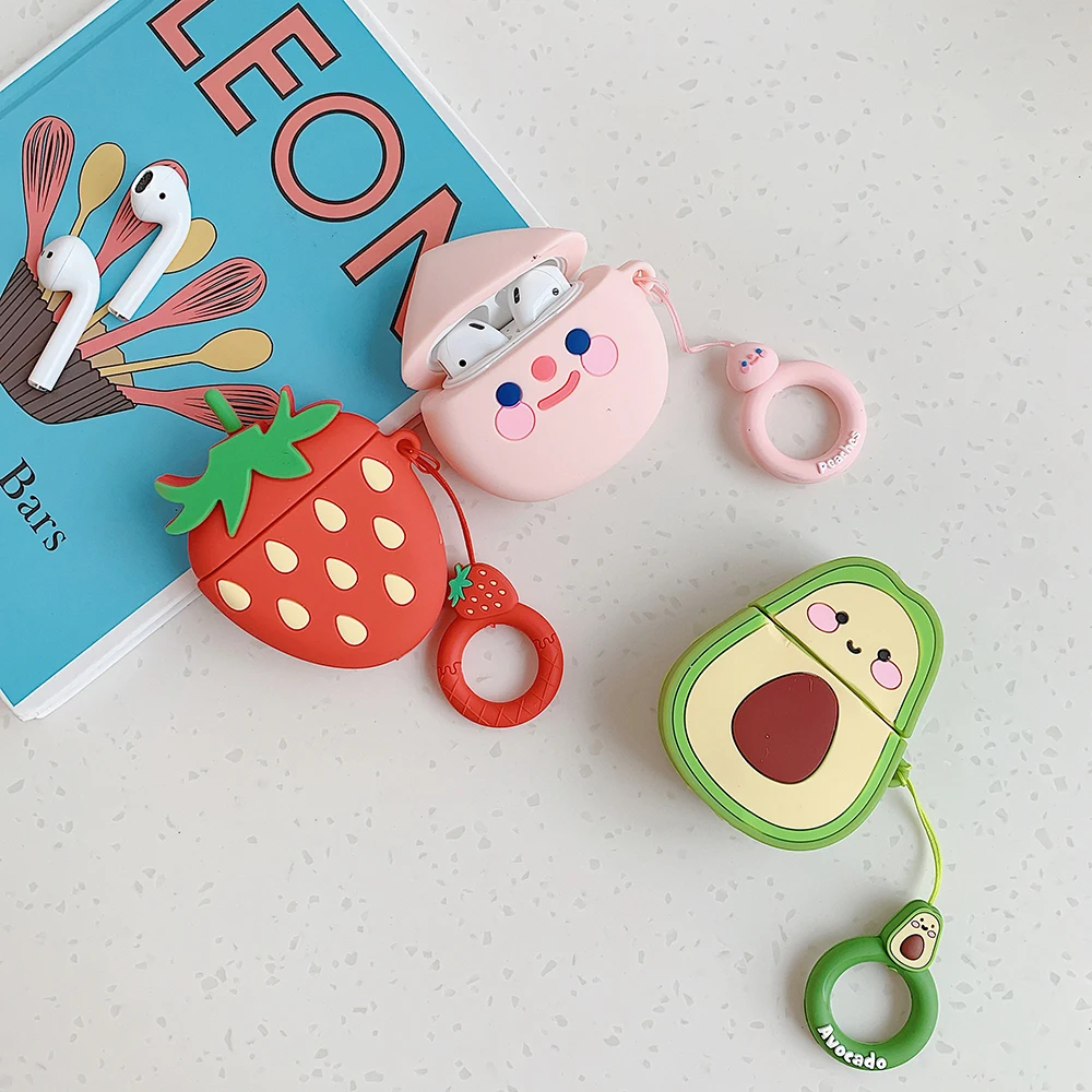 

For Airpods Case 3D Fruit Strawberry Soft Silicone Protect Cover For Airpods 2 Wireless Bluetooth Earphone Case With Finger Ring