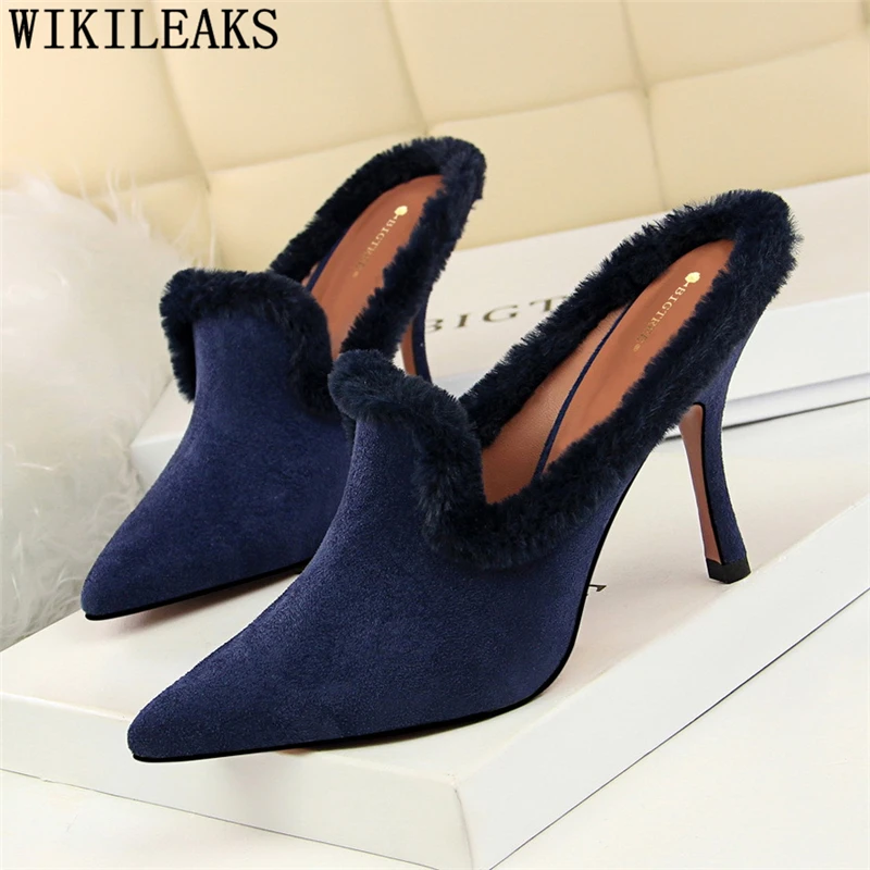 

fur shoes black heels mules shoes women Moccasin dress shoes women Fetish high heels tacones altos mujer sexy zapatos de mujer