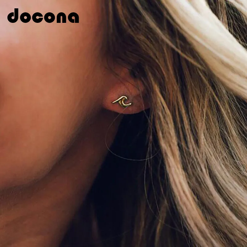 

Docona Punk Wave Stud Earring for Women Gold Silver Color Surfer Wave Tiny Studs Earrings Statement Jewelry Oorbellen 6219