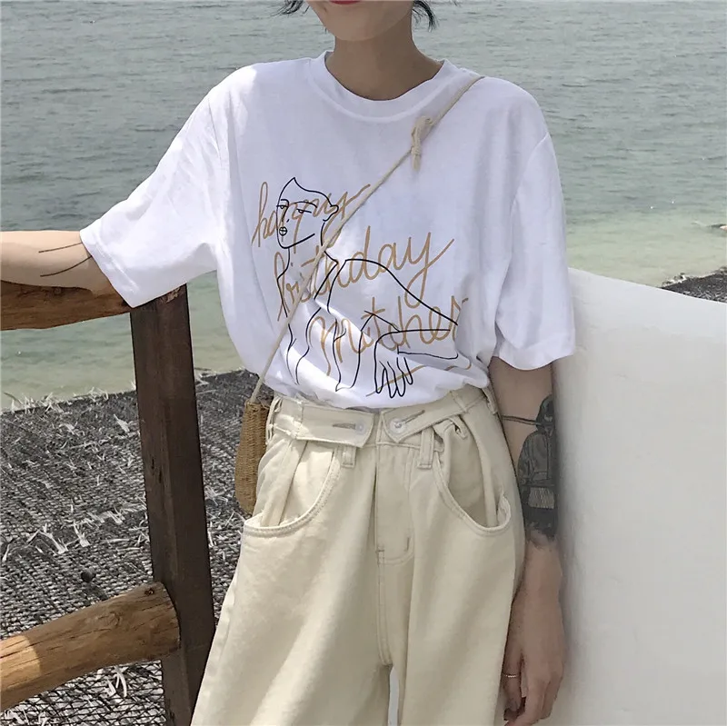 KYMAKUTU Chic иероглиф Hipster футболки с круглым вырезом короткий рукав Для женщин