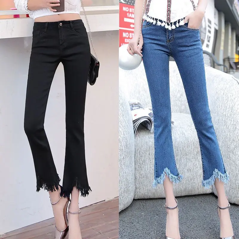 Spring 2018 Womens Burr Fringed Flared Jeans Fashion Wide Leg Pants ...