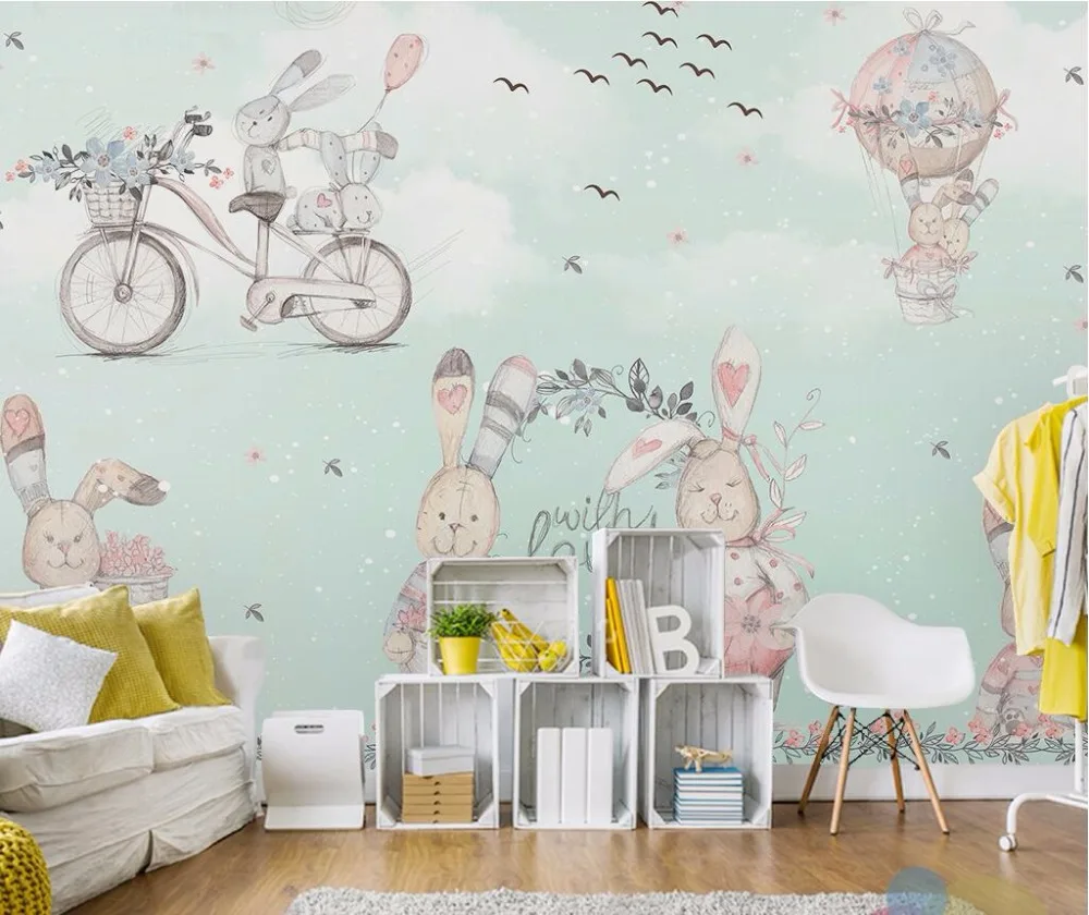 Beibehang пользовательские обои для стен 3d воздушный шар абстрактный маленький кролик ручная роспись снег мультфильм детская комната обои