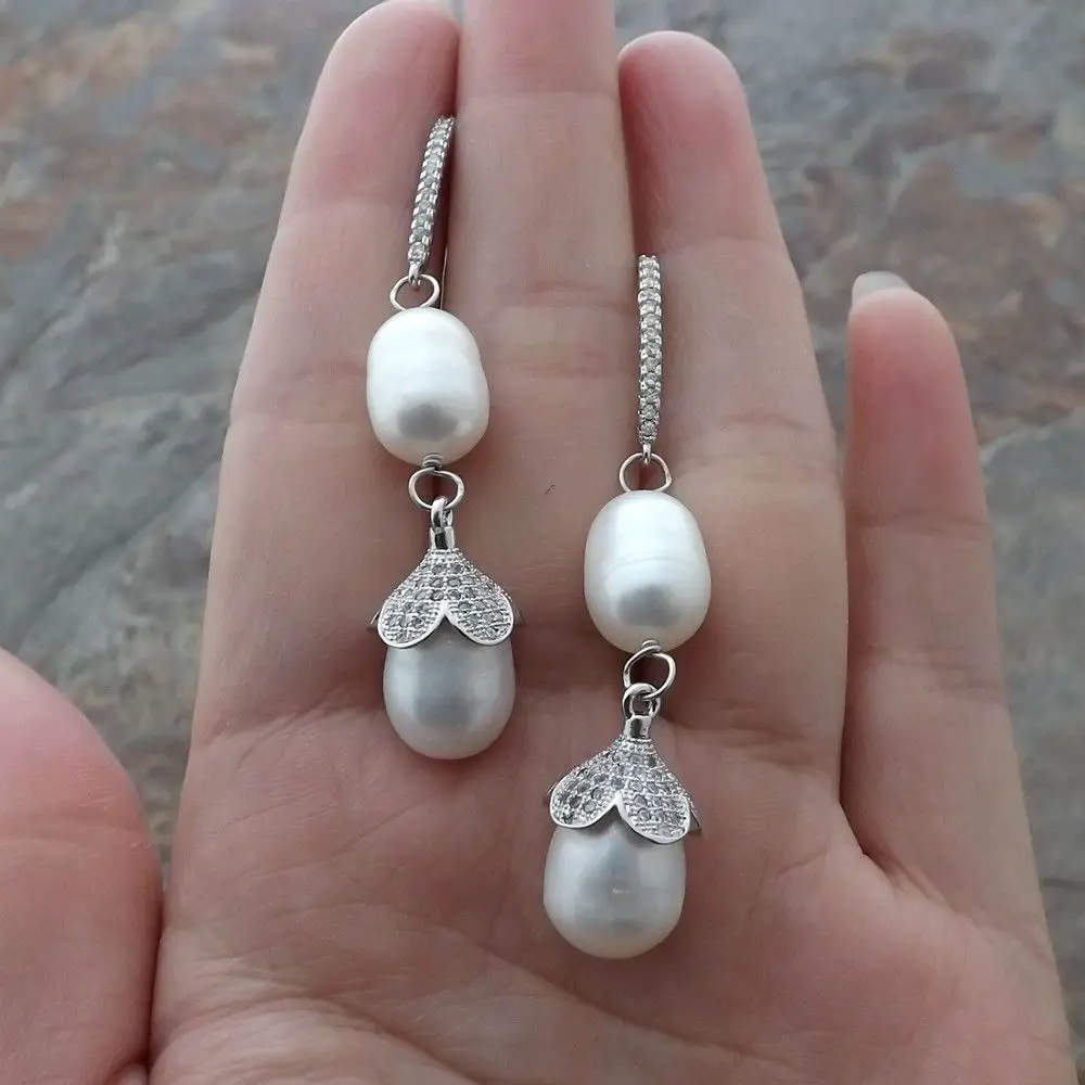 

2.3" White Rice Pearl CZ Earrings