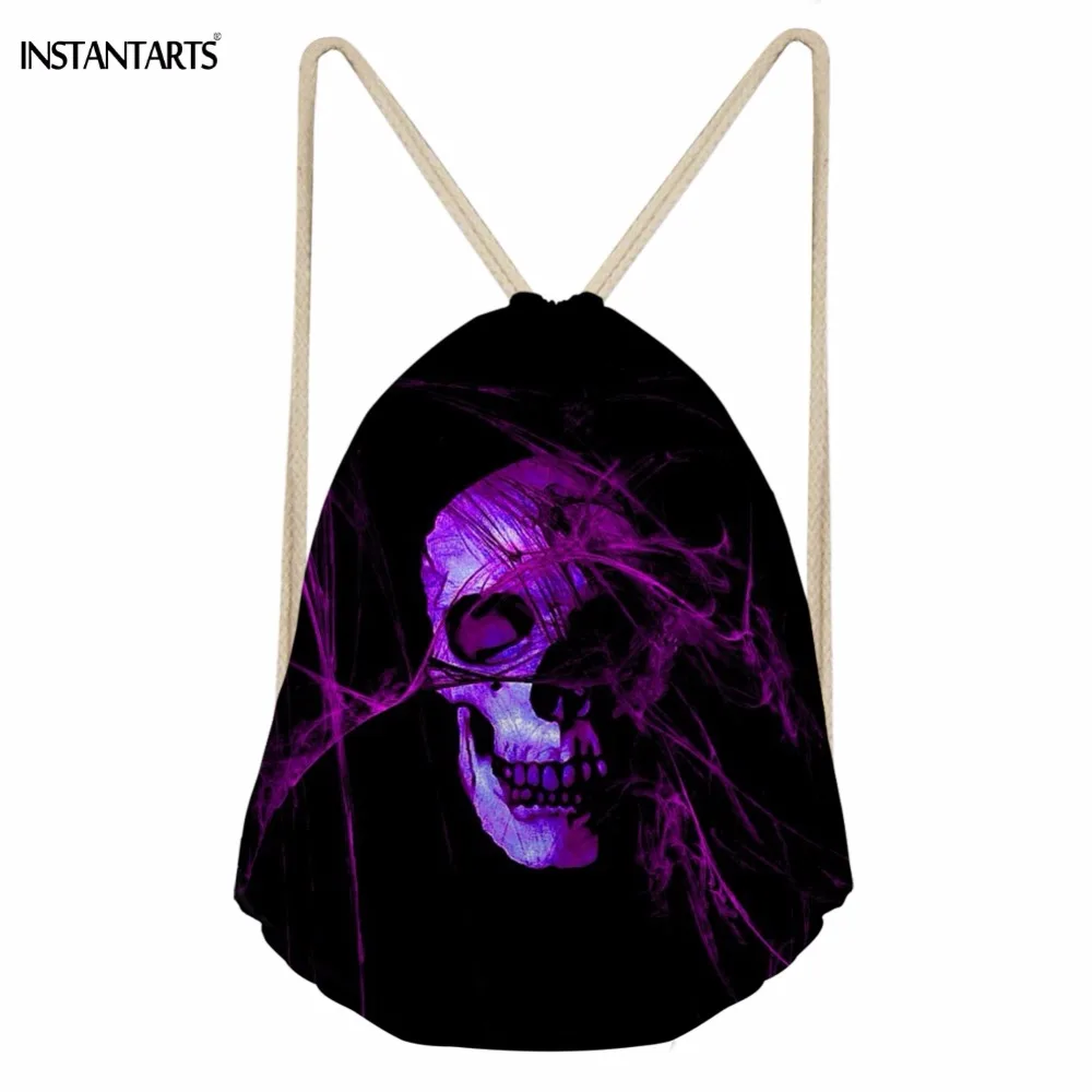 

INSTANTARTS Punk Purple Skull Print Woman Man Drawstrings Bag Fashion Large Storage Beach Bags Casual Softback Sack Bag Backpack