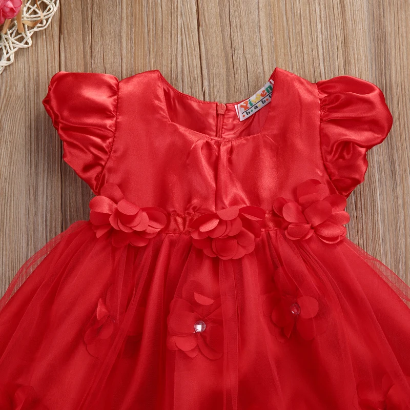 Красные Платья с цветочным принтом для маленьких девочек Сетчатое тюлевый с коротким рукавом платье принцессы для свадебной вечеринки повязка на голову летняя одежда для девочек