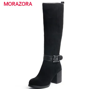 

MORAZORA 2018 new autumn winter square heel cow suede leather boots round toe high heel knee high boots zipper short plush boots