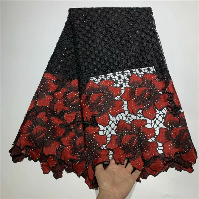 

African Swiss Voile Lace High Quality African Guipure Lace Fabric With Stones Embroidered Lace Fabric For Party Black red green