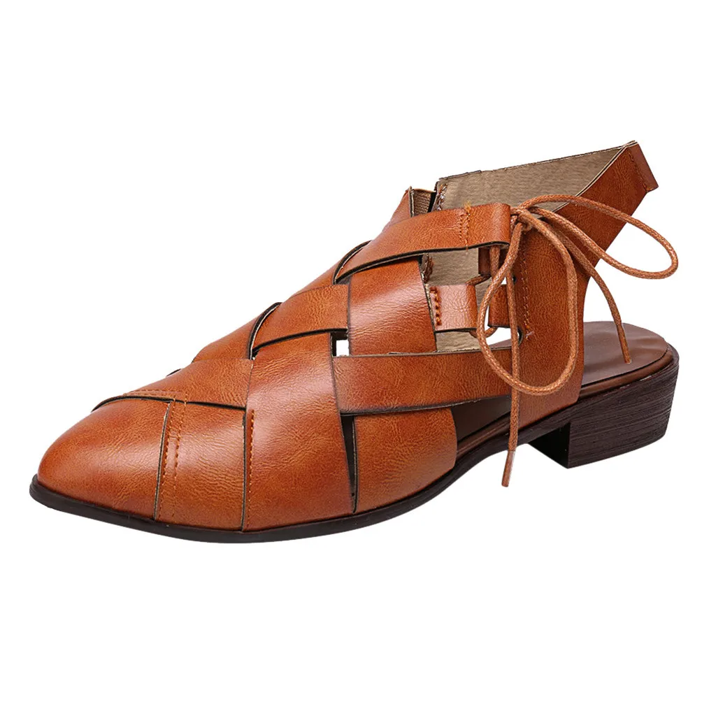 

SAGACE Women Fashion Flats Pointed Toe Low-Heeled Lace-Up Single Shoes Roman Sandals Solid Color Comfortable Sandals hot May 22