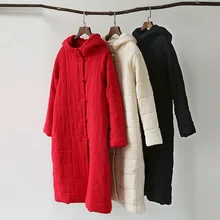 2016 Winter Women Cotton Linen Hooded Retro Warm Coat Padded Single Breasted Long Down & Parkas Overcoat Outwear