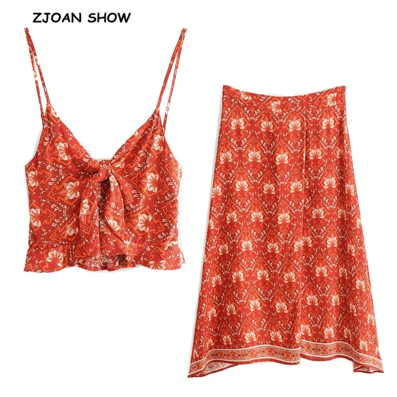 Baratos 2019 BOHO Bow Tide cuello en V estampado Floral sujetador Top Crop Top Sexy mujeres frente Ruched Maxi Falda larga conjunto de camisetas 2 piezas
