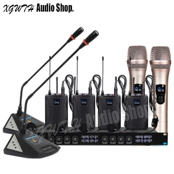 شراءميكروفون محمول باليد 2 سماعة رأس Gooseneck للمؤتمرات 4 Bodypack ميكروفون صوتي لاسلكي نظام ميكروفون مهني