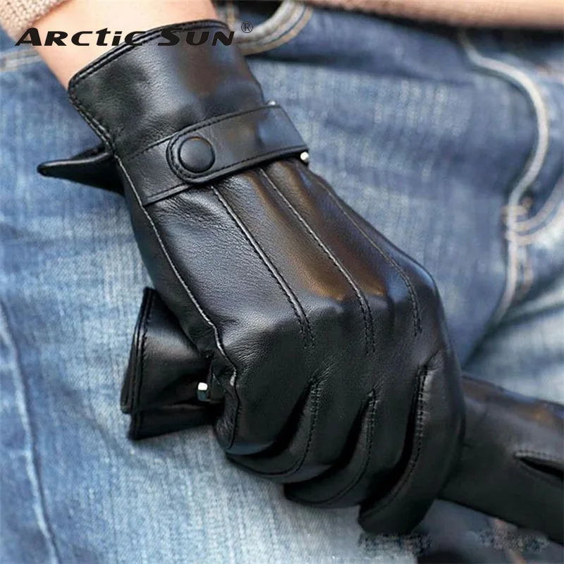 Limited 2017 Men Gloves Wrist Button Solid Sheepskin Glove Fashion Male Genuine Leather Winter For Driving Free Shipping M021pc