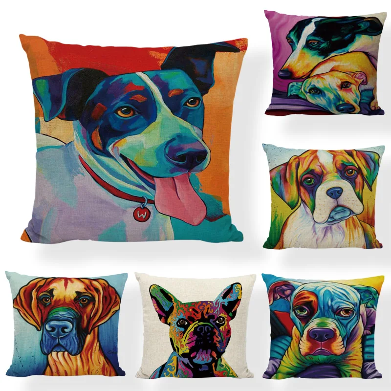 

High Quality Cushion Cover Colorful Cute Dog Linen Cotton Oil Painting Square Home Couch Outdoor Rock Chair Decor Pillow Cases