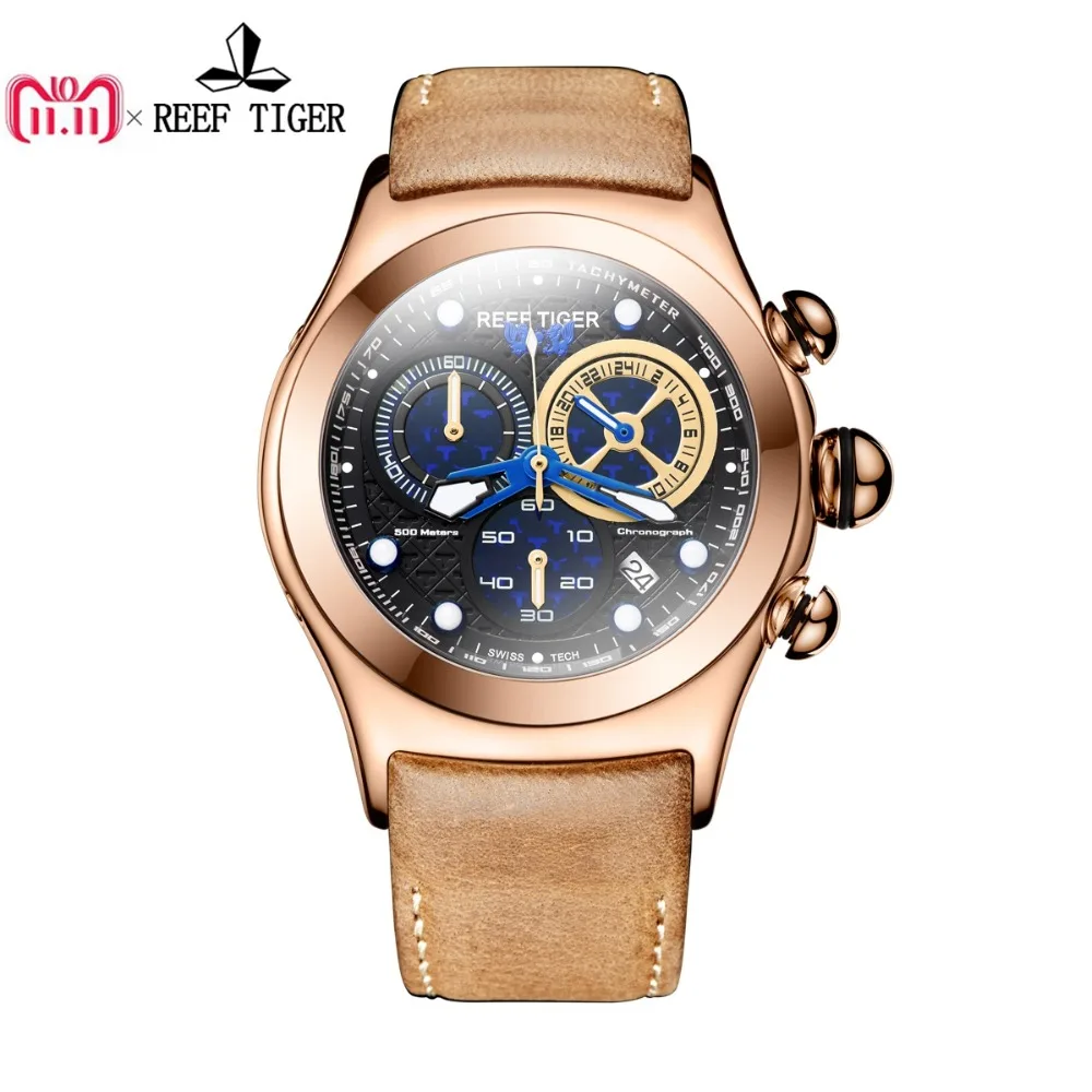 Reef Tiger/RT Men's Sport Watches Chronograph Date Luminous Skeleton Quartz Rose Gold Watches RGA782