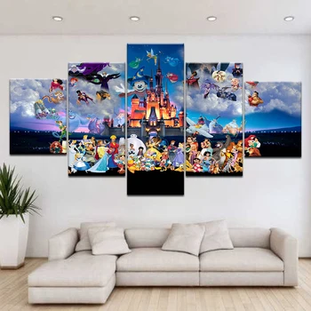 

Modern Canvas Painting Wall Art for Home Decoration 5 Piece Mickey Mouse Castle Cartoon Poster Azure Sky Beautiful Picture