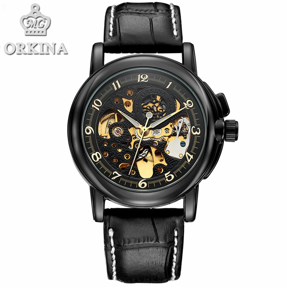 

ORKINA Mens Watches Top Brand Luxury Automatic Watch Fashion Skeleton Mechanical Wrist Watch for Men Leather relogio masculino