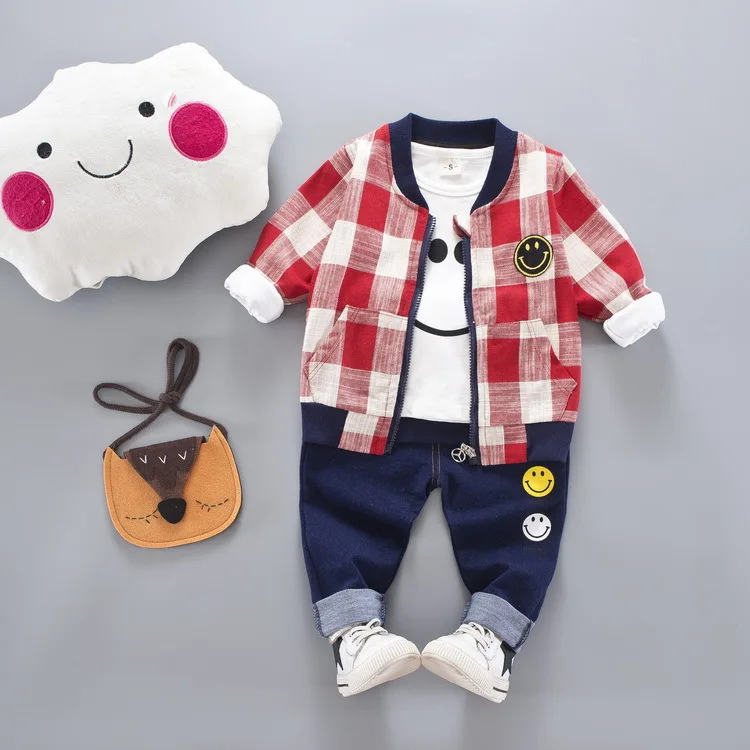 

Spring autumn baby Boys lattice sets Fashion linen jeans three-piece children