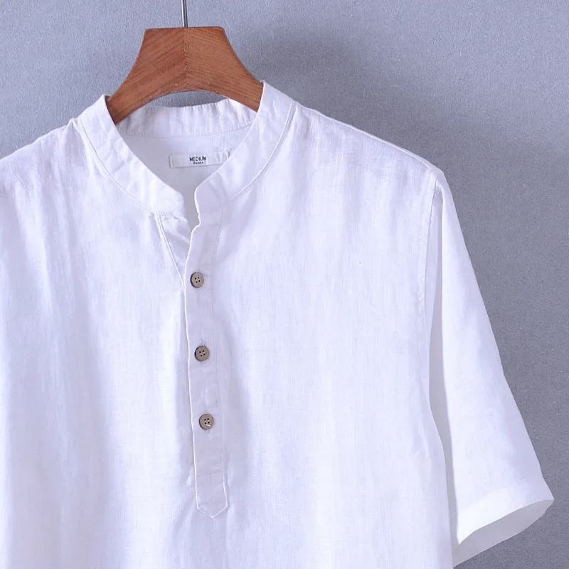 Mens Pullover Shirts Fashion Short Sleeve Slim 100%Linen Loose Shirts Male White Color Casual Shirts Tops Y1688