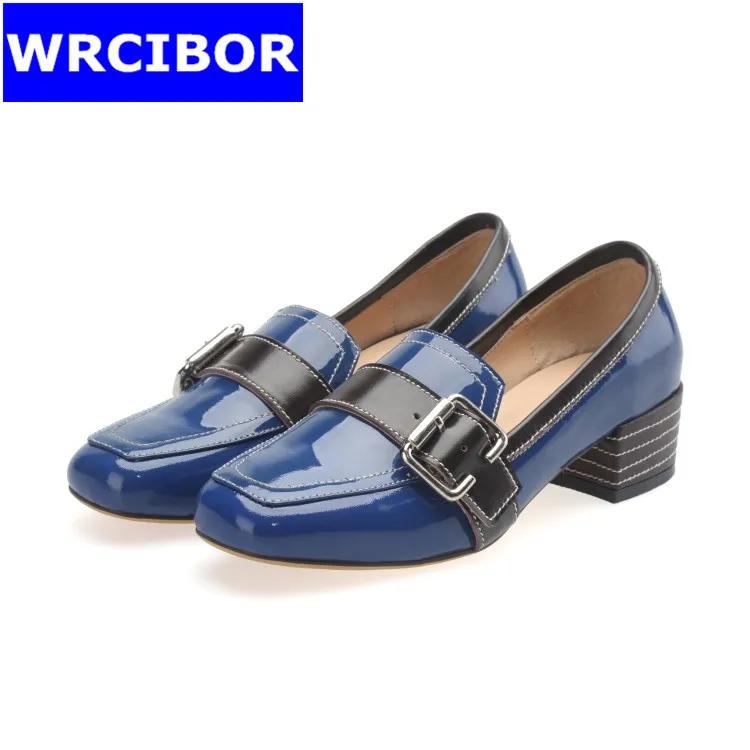 

2017 NEW Women Pumps Genuine leather Thick heels square toe High heels Woman Fashion buckle Casual Med Heels Single shoes