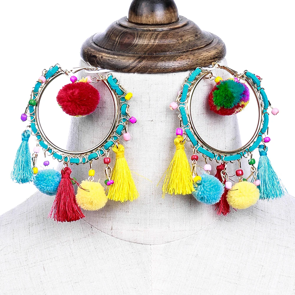 Multi Color Модный женский помпон-кисточка с бусинами, очаровательные Эффектные серьги-кольца, ювелирный подарок для девочки - Окраска металла: Multi Color