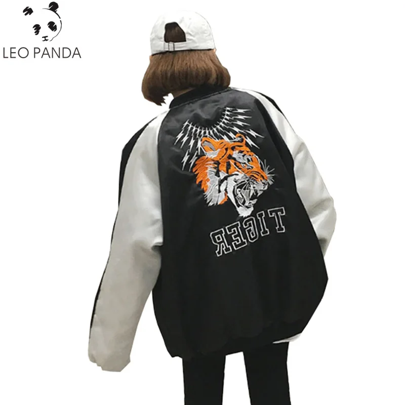 

Black White Tiger Embroidery Bomber Jacket Women New Baseball Uniform Bomber Jacket Cotton Coat Tracksuit Chaquetas Mujer LXT475