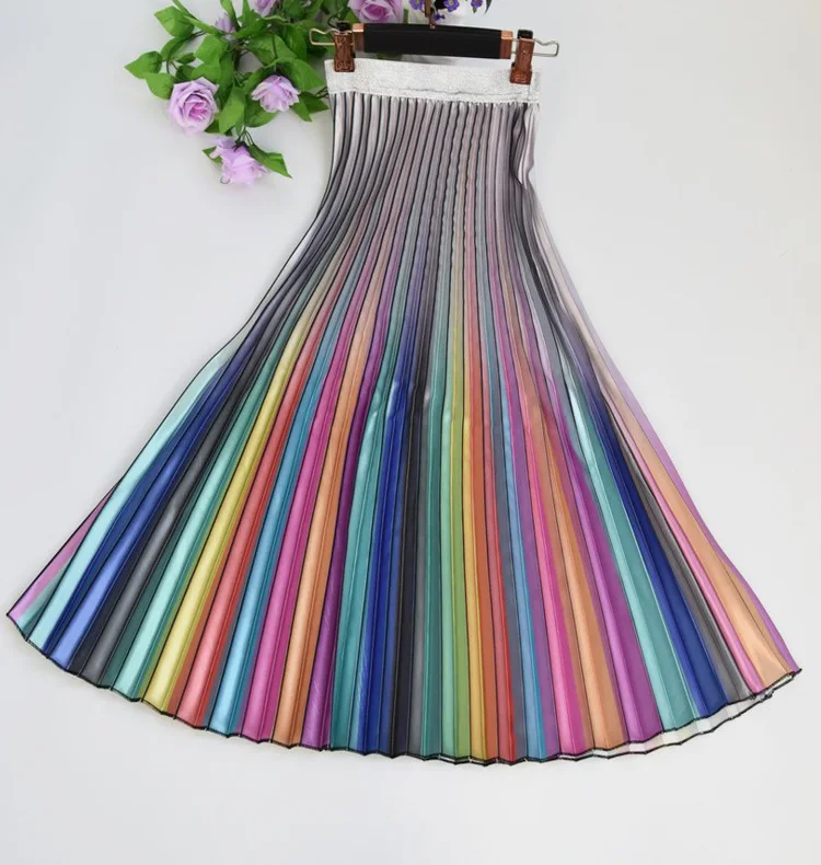 Gradient Skirt Pleated Long Skirt Woman Elegant High Waist A-Line Pleated School Midi Skirt Metallic Rainbow Female Autumn 0121