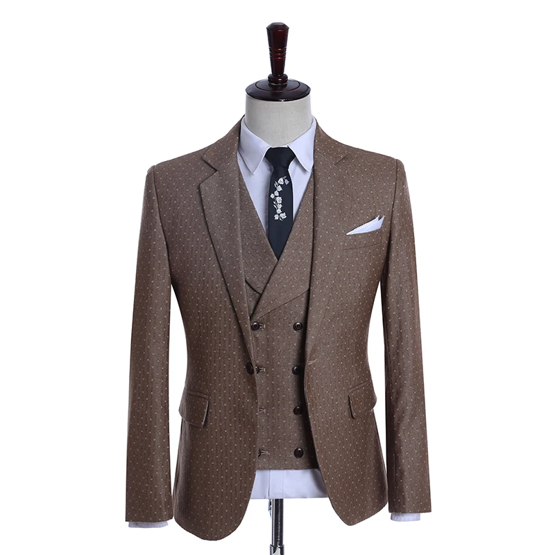

High Quality 3 Piece Tailor Made Formal Business Mens Suit Brown Dots Wedding Groom Tuxedo For Men Wedding Suits Prom Party Suit