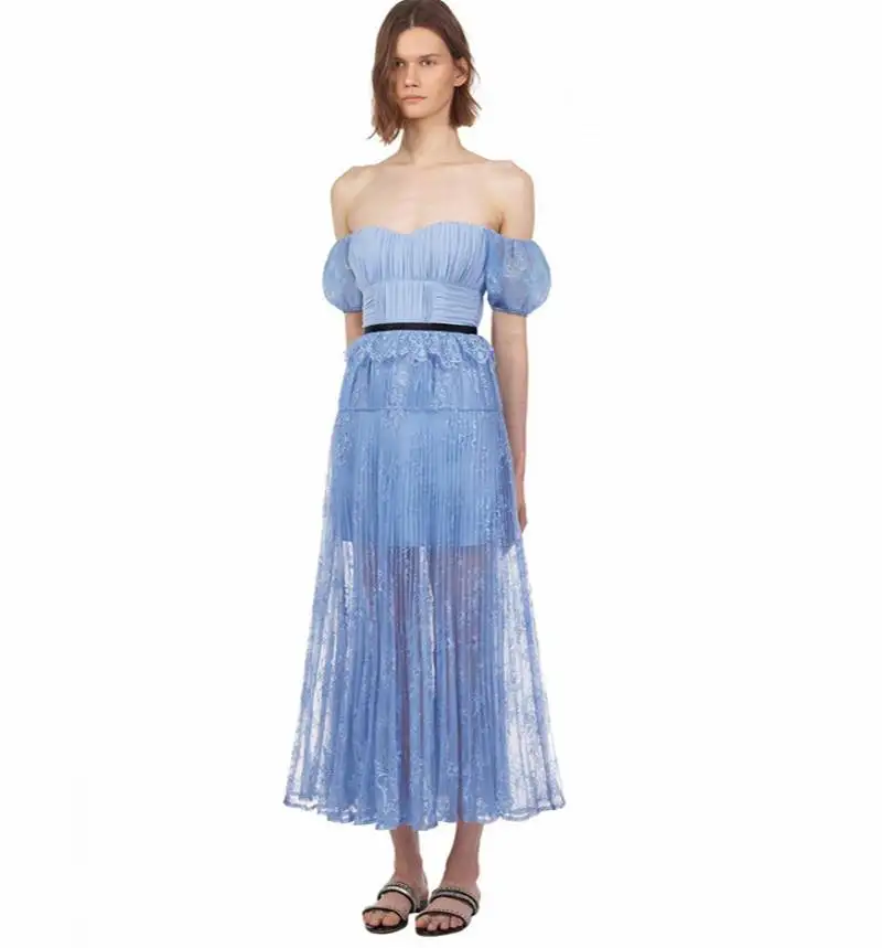 

2019 summer New Fashion Sexy Women Blue Lace Dress Stitching Party Dress Pleated Beach Dresses