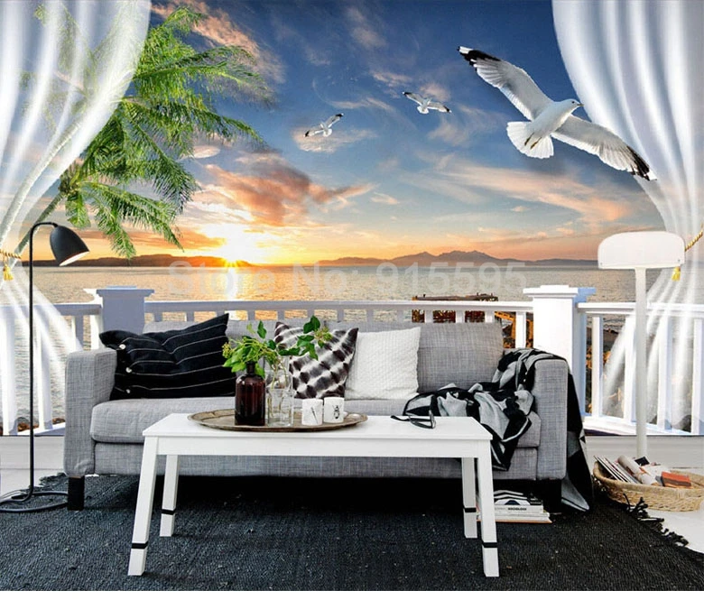 Пользовательские фото обои 3D балконные занавески закат морской пейзаж обои s домашний Декор Гостиная Диван ТВ фон настенная бумага