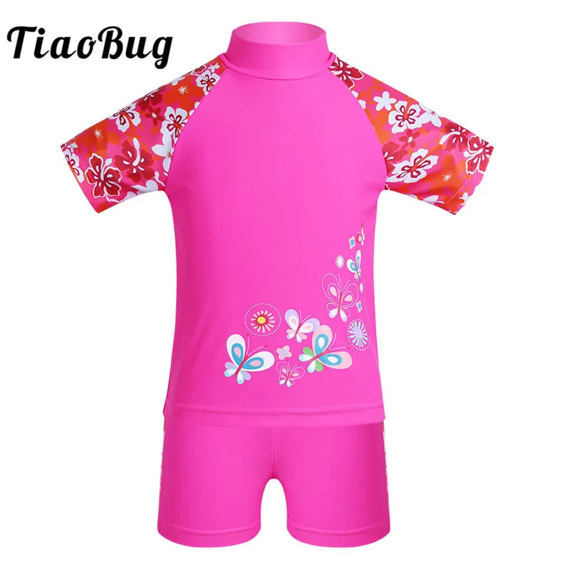 

TiaoBug Girls Two-piece Floral Tankini Swimsuit Swimwear Kids Short Sleeves Swim Tops Shorts Bikini Set Bathing Suit Beachwear