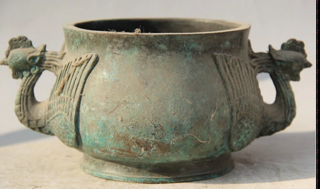 

JP S0524 8" Old Marked Chinese Bronze circular phoenix Head handle Incense Burner Censer