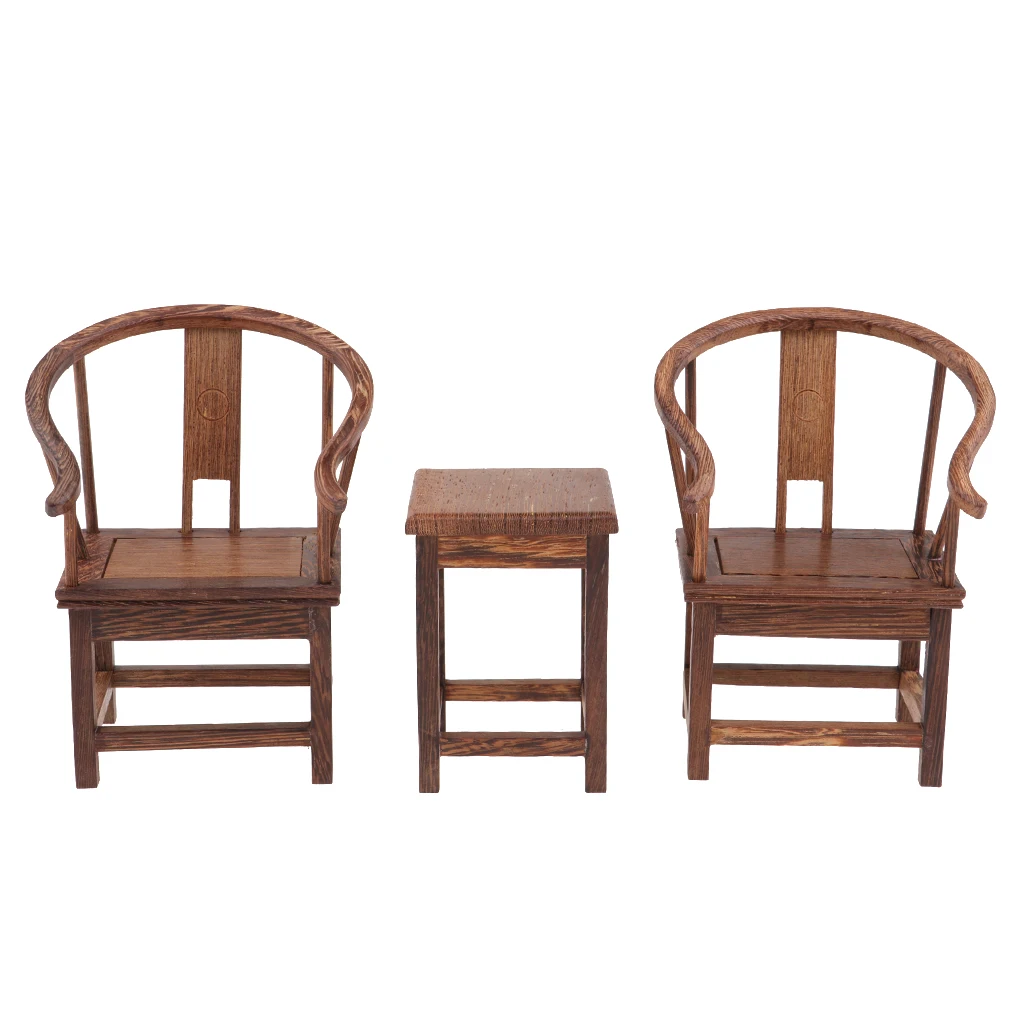 1:6 Dollhouse Solid Wenge Miniatures Furniture Wooden Tea Table and Two Armchairs Home Decor