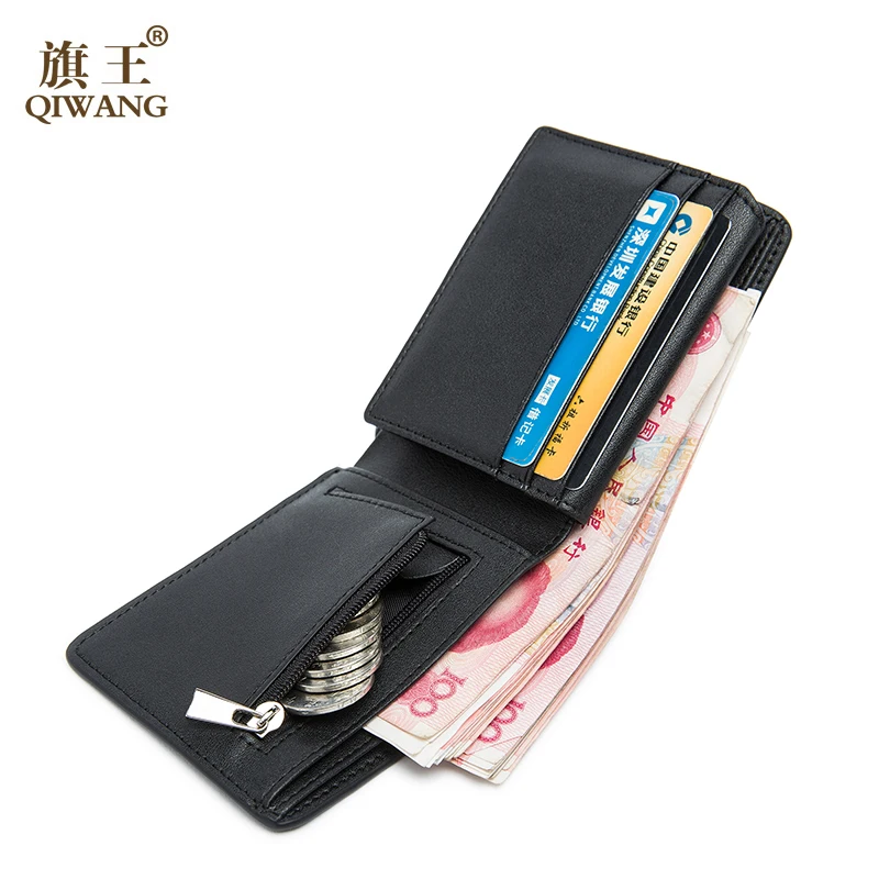 Мужской кошелек из углеродистой натуральной кожи, кошельки QIWANG, брендовые бумажники для мужчин, бизнес-держатель для карт, роскошный тонкий кошелек для монет черного цвета
