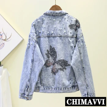 

New Spring Autumn Studded Beaded Denim Jacket Women New Korean Butterfly Print Loose Jeans Coat Student Casual Jackets Coat