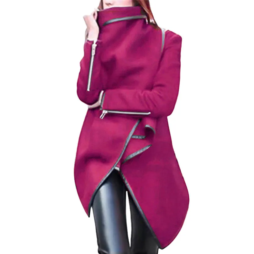  2019 New Women Autumn Winter irregular Bow Zippers Sleeve Long Warm Coat Wool Jacket Parka Windbreaker #4M21 (7)