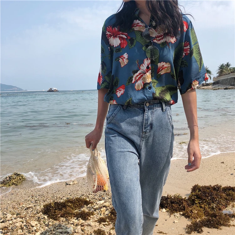 

Women's Shirts Kawaii Student Ulzzang Vintage Casual Loose Flower Shirt Lady Ulzzang Harajuku Ins Top For Women Ins Chic Punk